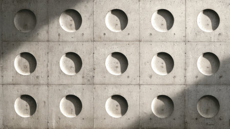 This image features a modern concrete wall with circular indentations, creating a captivating interplay of light and shadow. Perfect for architecture enthusiasts and designers.の素材
