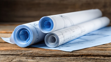 A close-up view of rolled architectural blueprints on a rustic wooden table, highlighting intricate design details for construction and project planning.の素材