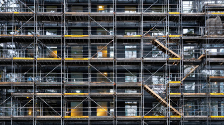 Detailed view of a construction site with steel scaffolding, showcasing modern industrial architecture and urban development progress in a metropolitan area.の素材