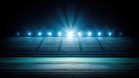A striking view of an empty sports stadium illuminated by bright floodlights at night, perfect for showcasing events, competitions, or athletic activities in dark settings.の素材