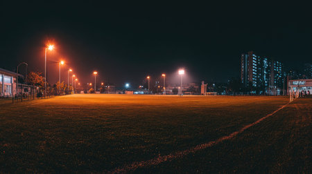 This captivating nighttime photograph presents a serene view of an illuminated sports field, showcasing lush grass and a city skyline, inviting tranquility and reflection.の素材