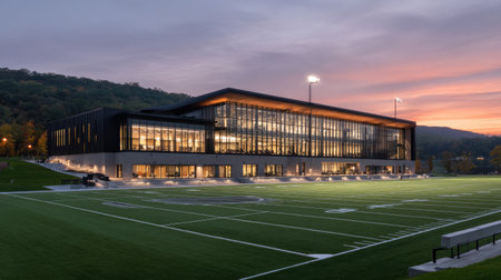 Modern sports facility shines at sunset, showcasing sleek architecture with expansive glass windows, surrounded by lush greenery and a well-maintained field for various activities.の素材
