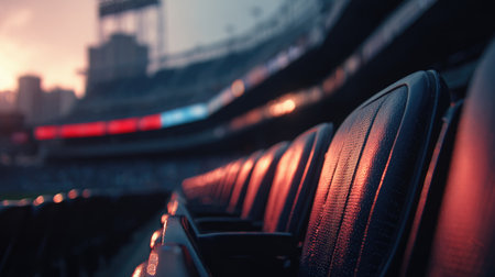 A peaceful view of empty stadium seats illuminated by soft lighting at dusk, capturing the calm atmosphere of an outdoor sports venue ready for an upcoming event.の素材