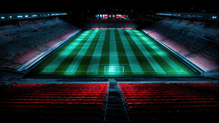 A captivating night view of a soccer stadium, featuring a vibrant green field illuminated by bright lights, with empty red seats creating a striking contrast.の素材