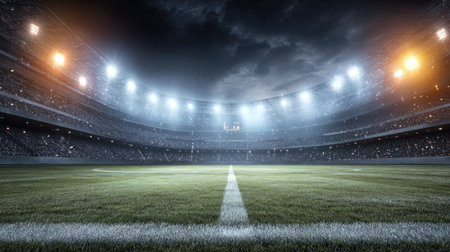 Captivating nighttime scene of an empty soccer stadium, featuring bright floodlights illuminating the pristine field, creating a thrilling atmosphere before the game.の素材