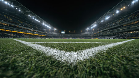 Captivating view of an empty football stadium at night, featuring vibrant lights illuminating the lush green field and the modern surrounding architecture for upcoming events.の素材