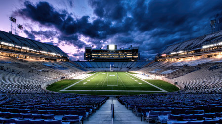 An empty football stadium bathed in twilight light, showcasing architectural design and inviting anticipation for future sporting events on the lush green field.の素材
