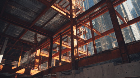 A captivating glimpse into an industrial construction site featuring exposed steel beams and natural light illuminating the workspace, highlighting urban architecture evolution.の素材