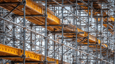 Close-up image capturing intricate details of scaffolding used in construction, showcasing a modern approach to safety and structural support in urban environments.の素材