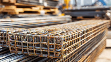 This image captures the texture and arrangement of steel reinforcement bars and mesh grids, essential materials for construction and infrastructure projects.の素材