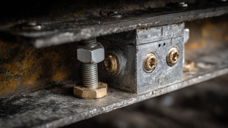 Detailed close-up of an industrial bolt and nut assembly on a metal structure, showcasing textures and intricate details of metallic hardware components.の素材