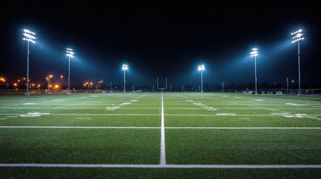An empty football field illuminated by bright floodlights at night, showcasing clear yard lines on a synthetic grass surface in a serene, atmospheric setting.の素材