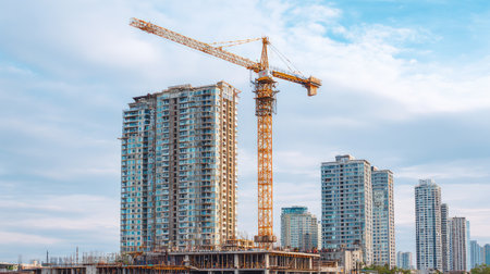 A vibrant construction site showcasing a tall crane and emerging high-rise buildings under a blue sky, reflecting urban growth and modern architectural achievements.の素材
