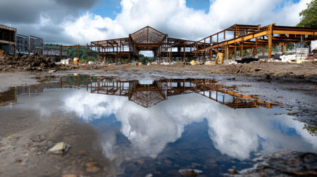 A construction site featuring a new building structure with steel framing and puddles reflecting clouds, symbolizing urban development and progress in architecture.の素材