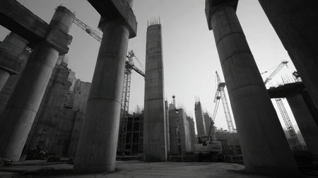A dramatic black and white image of a construction site showcasing towering concrete columns and cranes, highlighting the modern architectural development and engineering efforts.の素材