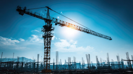 A towering construction crane stands above a bustling construction site, framed by steel frameworks against a bright blue sky, symbolizing urban development and progress.の素材