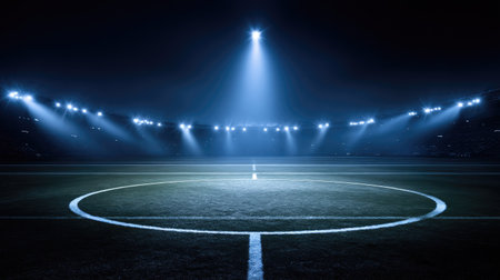 A stunning view of an illuminated soccer field at night, showcasing bright spotlights and a perfect turf ready for exhilarating action, excitement, and competition.の素材