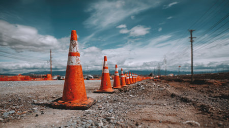 A striking image showcasing a line of bright orange traffic cones placed on a construction site, with a dramatic cloudy sky and distant power lines enhancing the visual appeal.の素材