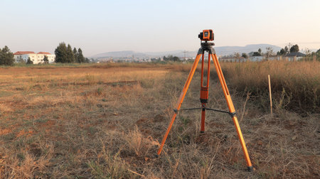 A surveyor's instrument stands alone in an open field, capturing the essence of technology in harmony with a serene landscape under a beautiful sunset sky.の素材