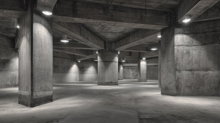 An empty underground parking garage featuring concrete pillars and soft lighting creates a modern, industrial atmosphere ideal for urban design and architectural concepts.の素材