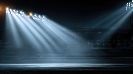 A captivating view of a dark arena with bright beams of light piercing through a foggy atmosphere, creating a dramatic and immersive night scene ideal for sports events.の素材