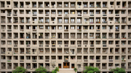 A striking view of a multi-story building showcasing repetitive window patterns and balconies, surrounded by greenery, representing urban living and architectural design.の素材