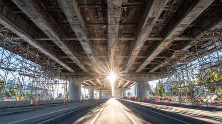 A stunning urban construction scene showcasing the underside of an elevated bridge, with scaffolding and lighting casting dramatic shadows over an empty highway.の素材