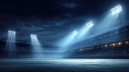 Experience the striking beauty of an empty sports stadium at night, with radiant floodlights casting light upon the green field under a dramatic sky.の素材