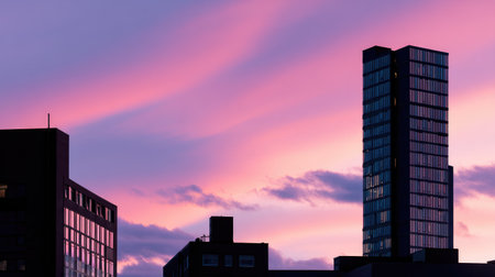 A breathtaking urban skyline is showcased at twilight, featuring a stunning array of pink and purple clouds over modern glass buildings. Perfect for city-themed projects.の素材