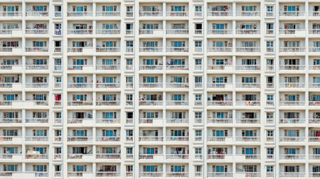 A striking view of a modern apartment building illustrating urban lifestyle with numerous balconies and windows, showcasing contemporary residential design elements.の素材