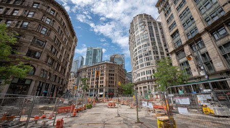 A bustling urban construction site showcases street work surrounded by towering buildings. The scene features barriers, machinery, and a vibrant sky, emphasizing development.の素材