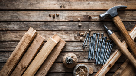 A rustic woodworking scene featuring essential tools like a hammer, nails, and wooden planks, perfect for DIY enthusiasts and home improvement projects.の素材