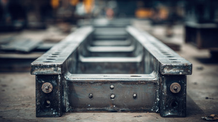 A detailed close-up of a heavy metal frame situated on a construction site, showcasing precision engineering amidst machinery and tools, emphasizing durability and quality.の素材