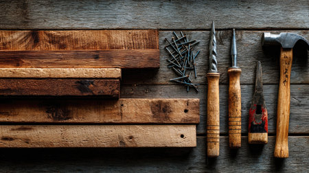 A captivating arrangement of rustic woodworking tools and materials on a wooden surface, ideal for showcasing craftsmanship and the art of DIY projects in a workshop.の素材