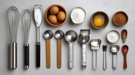 A carefully arranged collection of kitchen tools and baking ingredients, showcasing eggs, sugar, and various measuring utensils on a clean countertop, perfect for culinary enthusiasts.の素材