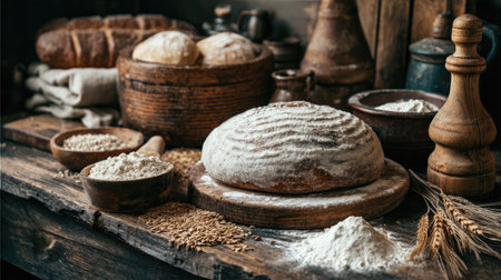 A rustic kitchen scene featuring freshly baked bread on a wooden table, surrounded by flour, grains, and baking tools. Emphasizes warmth and homeliness.の素材
