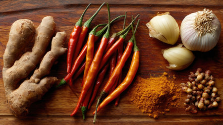 A visually appealing arrangement of fresh ginger, vibrant red chili peppers, aromatic garlic, and yellow turmeric powder on a wooden cutting board, perfect for enhancing dishes.の素材