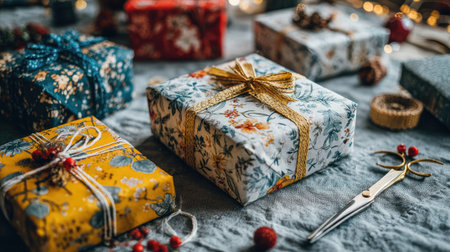 A stunning collection of beautifully wrapped gift boxes featuring vibrant floral patterns and elegant ribbons, perfect for holiday celebrations and festive gatherings.の素材