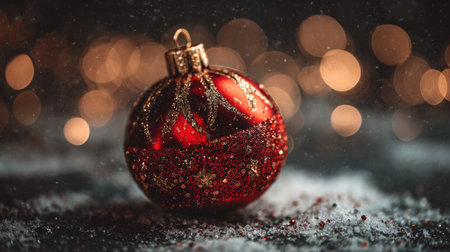 A captivating close-up of a shiny red Christmas ornament covered in glitter sits on a soft white surface, surrounded by warm bokeh lights, evoking festive feelings.の素材