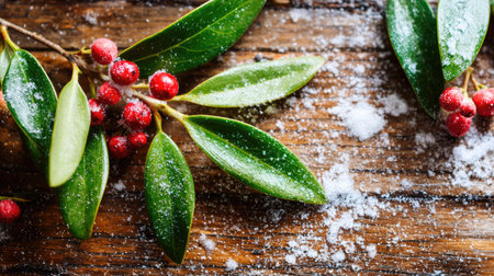 A picturesque arrangement featuring fresh green leaves and bright red berries sprinkled with snow on a wooden surface, ideal for winter and holiday themes.の素材