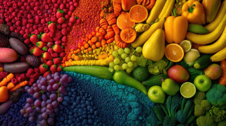 Discover a vibrant array of fresh fruits and vegetables arranged in a stunning rainbow display. This colorful collection showcases a variety of textures and hues, celebrating healthy eating.の素材