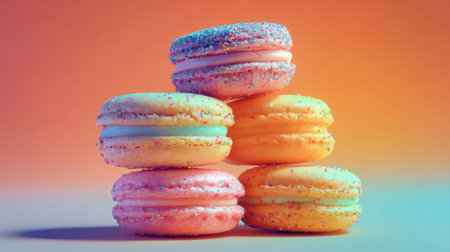 A delightful arrangement of colorful macarons stacked elegantly, showcasing a vibrant background and festive sprinkles, perfect for culinary and dessert-themed visuals.の素材