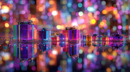 A collection of colorful gift boxes with shiny wrapping reflecting in a vibrant bokeh background, perfect for conveying the festive spirit of holiday celebrations.の素材
