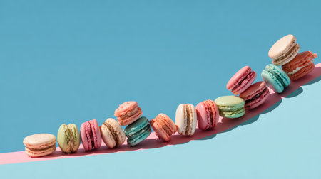 A visually stunning arrangement of colorful macarons on a blue and pink background, perfect for showcasing delightful desserts and sweet culinary creations.の素材