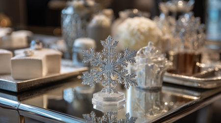 A stunning crystal snowflake stands prominently as a centerpiece on an elegant table adorned with calming decor, embodying holiday cheer and winter beauty.の素材
