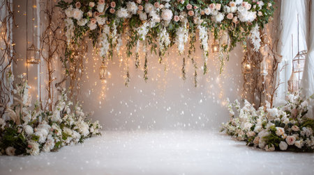 Beautiful floral backdrop featuring elegant flowers, hanging greenery, and warm lighting. Perfect for weddings, events, or creative photography showcasing romance and elegance.の素材