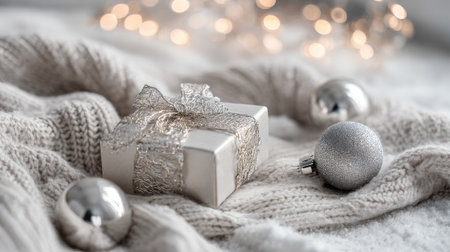 A beautifully wrapped holiday gift with a silver bow sits on a soft knit blanket, surrounded by shiny ornaments and warm, glowing lights creating a festive atmosphere.の素材