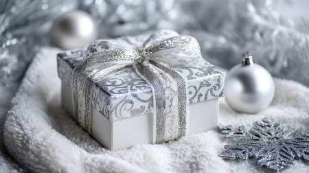 An elegant silver gift box with a decorative ribbon, placed on soft white fabric and surrounded by festive ornaments, creating a cozy, joyful holiday atmosphere.の素材