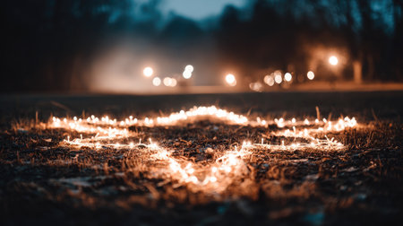 A stunning display of sparks arranged in a star shape illuminates the ground, surrounded by a blurred background of glowing lights, creating a magical evening atmosphere.の素材