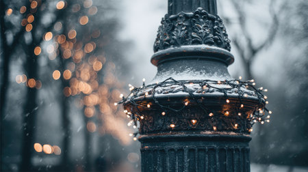 A picturesque winter evening scene showcasing a decorative pole adorned with twinkling lights, surrounded by softly blurred trees and gentle snowfall.の素材